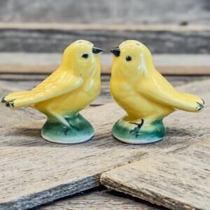 Vintage Sweet Yellow Ceramic Birds w/ Green "Grass" Base Salt/Pepper Shaker Set